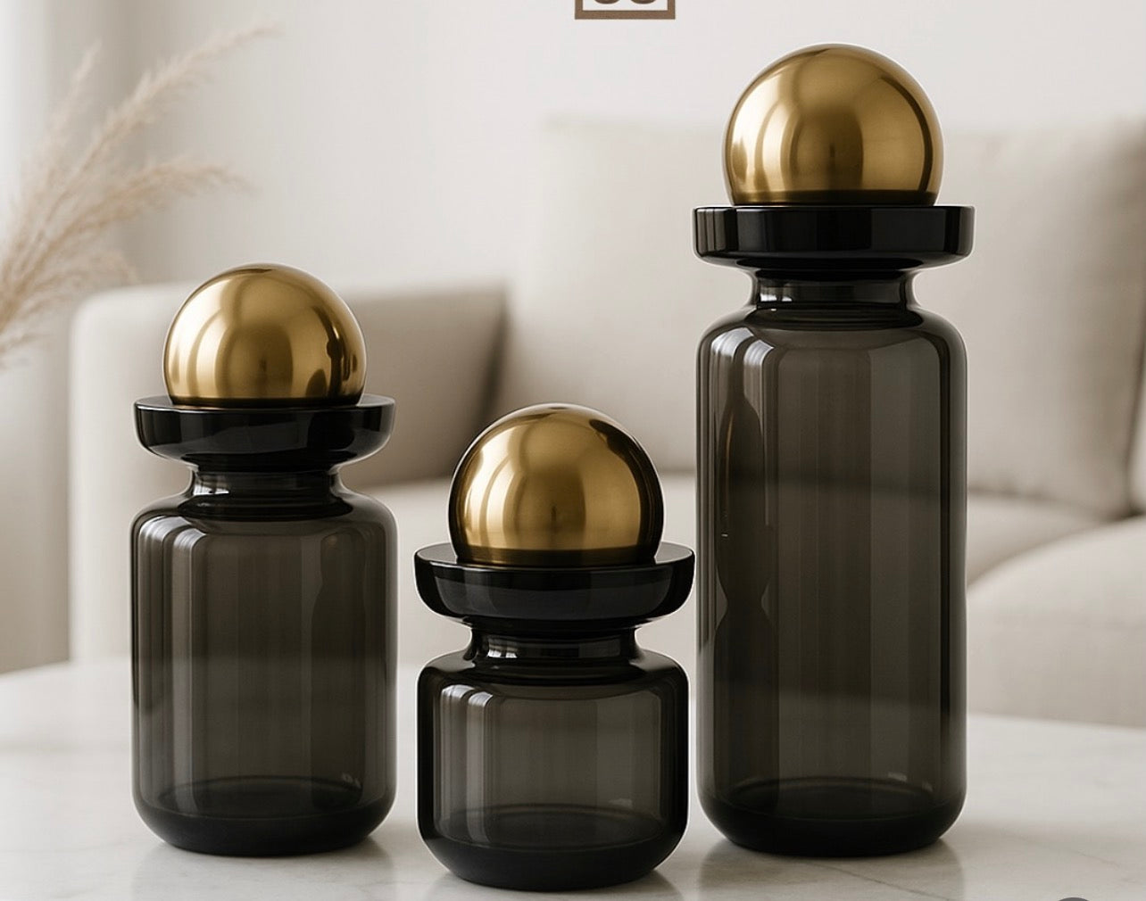 Trans black vase with golden balls set of 3