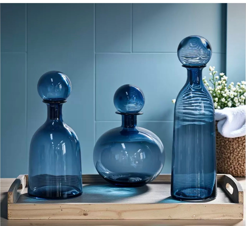 Trans blue vase with ball set of 3