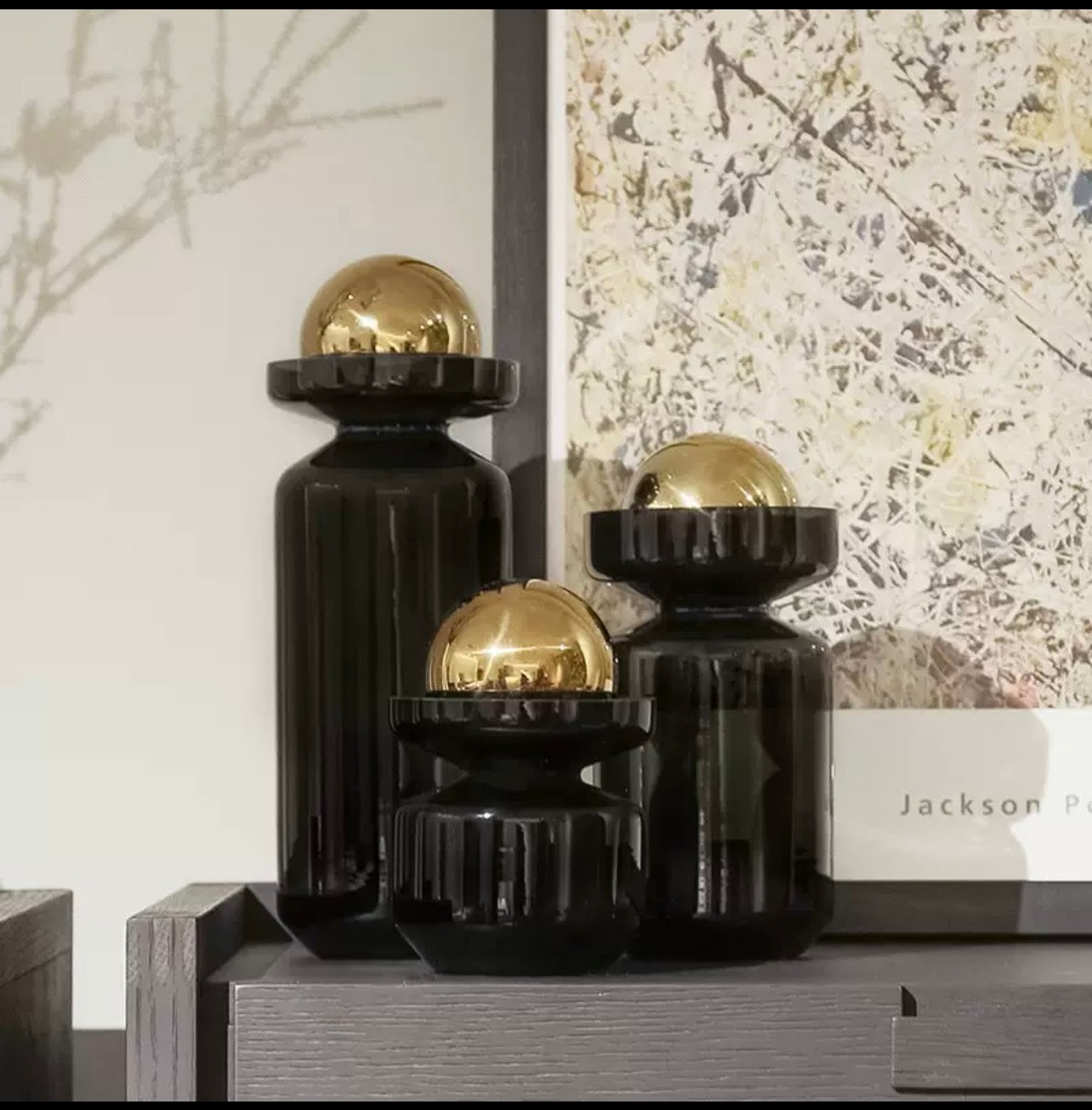 Trans black vase with golden balls set of 3